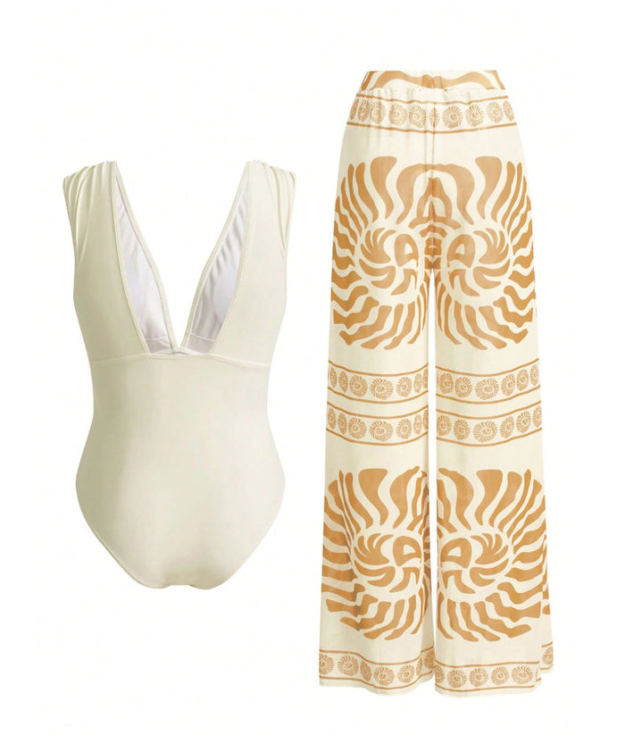 Shadow Drape Swimsuit Pant Set - White