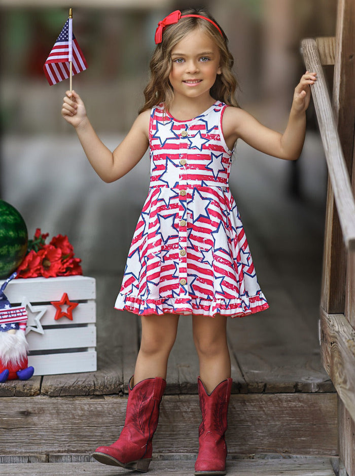 Mia Belle Girls Stars And Stripes Ruffle Hem Sundress | 4th of July