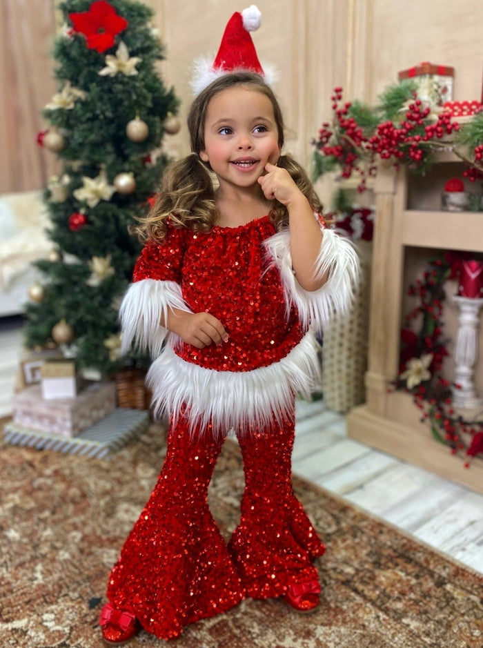 Toddler Christmas Sets | Girls Sequin Santa Faux Fur Bell Bottoms Set