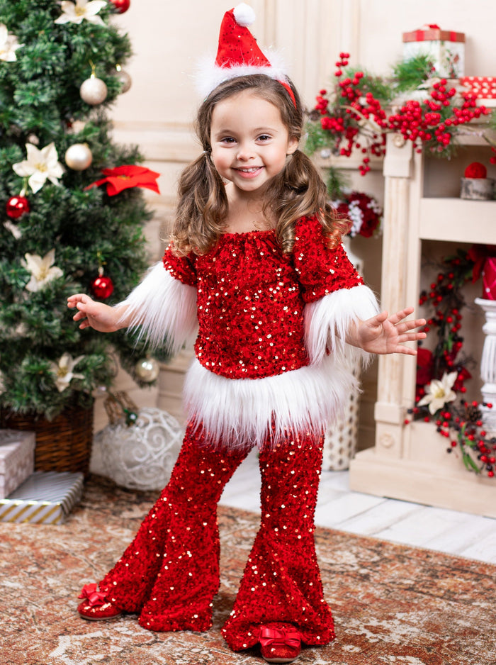 Toddler Christmas Sets | Girls Sequin Santa Faux Fur Bell Bottoms Set