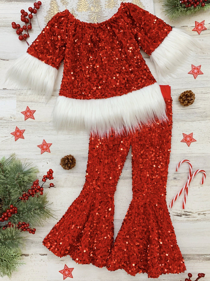 Toddler Christmas Sets | Girls Sequin Santa Faux Fur Bell Bottoms Set