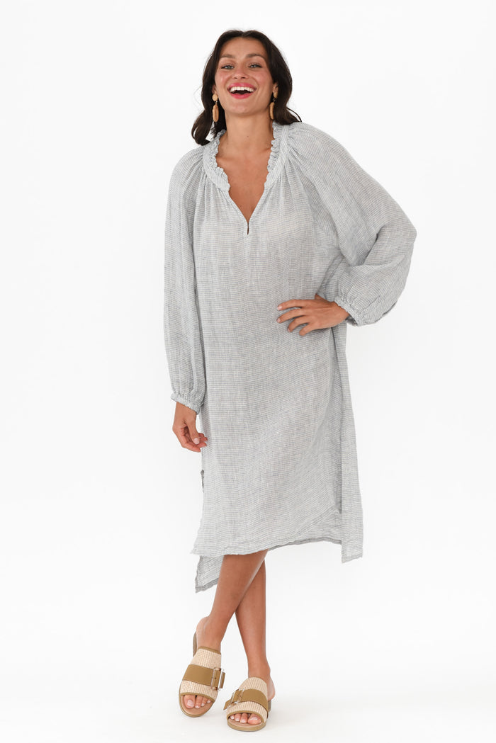 Sierra Light Blue Stripe Linen Dress,Brunette model,alt text|model:Brontie