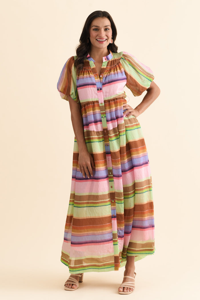 Siesta Pink Stripe Belted Dress,Brunette model,alt text|model:Brontie