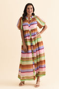 Siesta Pink Stripe Belted Dress,Brunette model,alt text|model:Brontie