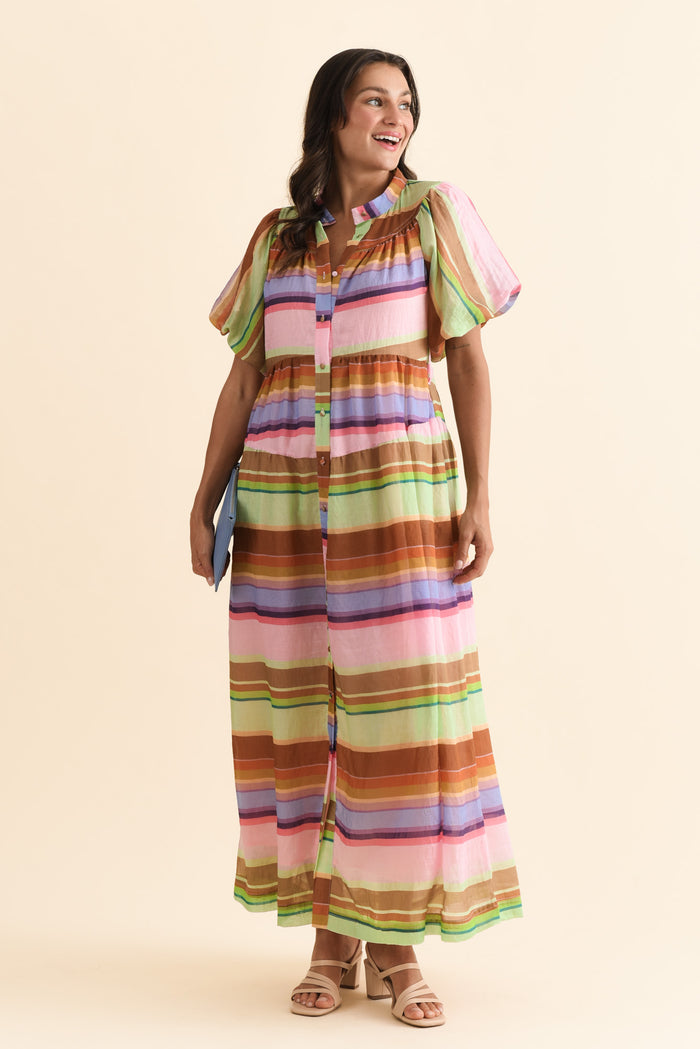 Siesta Pink Stripe Belted Dress,Brunette model,alt text|model:Brontie