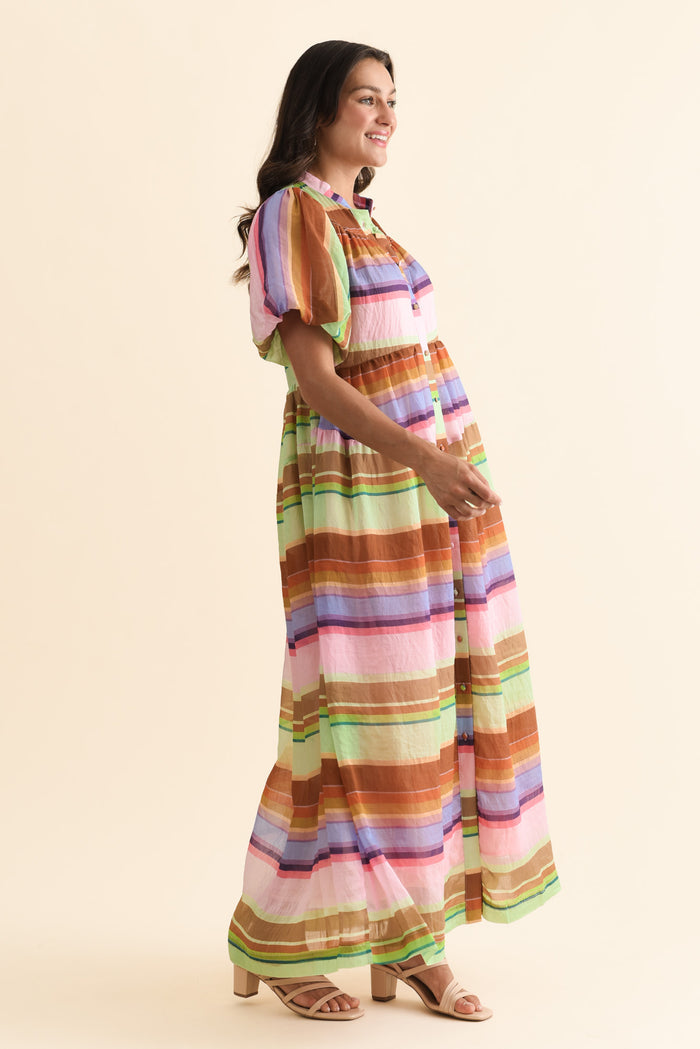 Siesta Pink Stripe Belted Dress,Brunette model,alt text|model:Brontie