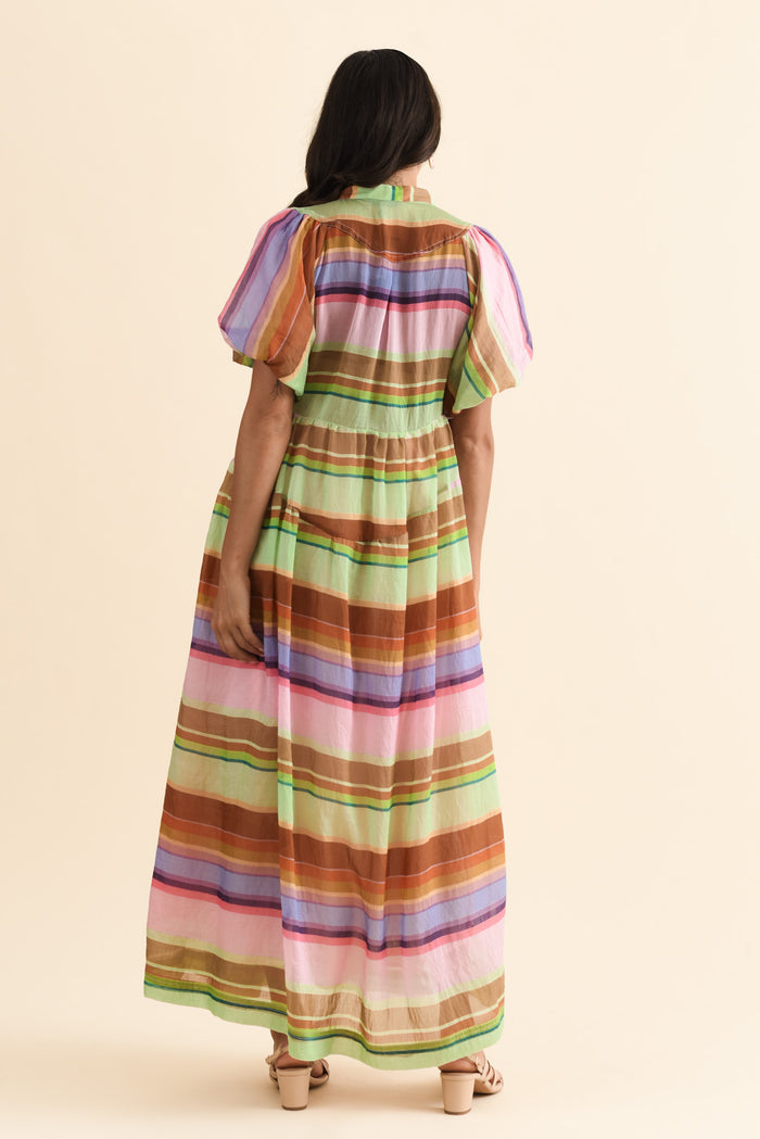 Siesta Pink Stripe Belted Dress,Brunette model,alt text|model:Brontie