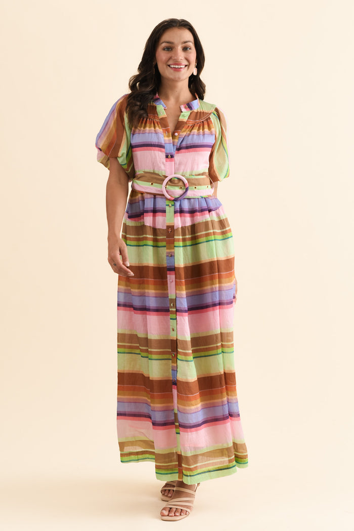 Siesta Pink Stripe Belted Dress,Brunette model,alt text|model:Brontie