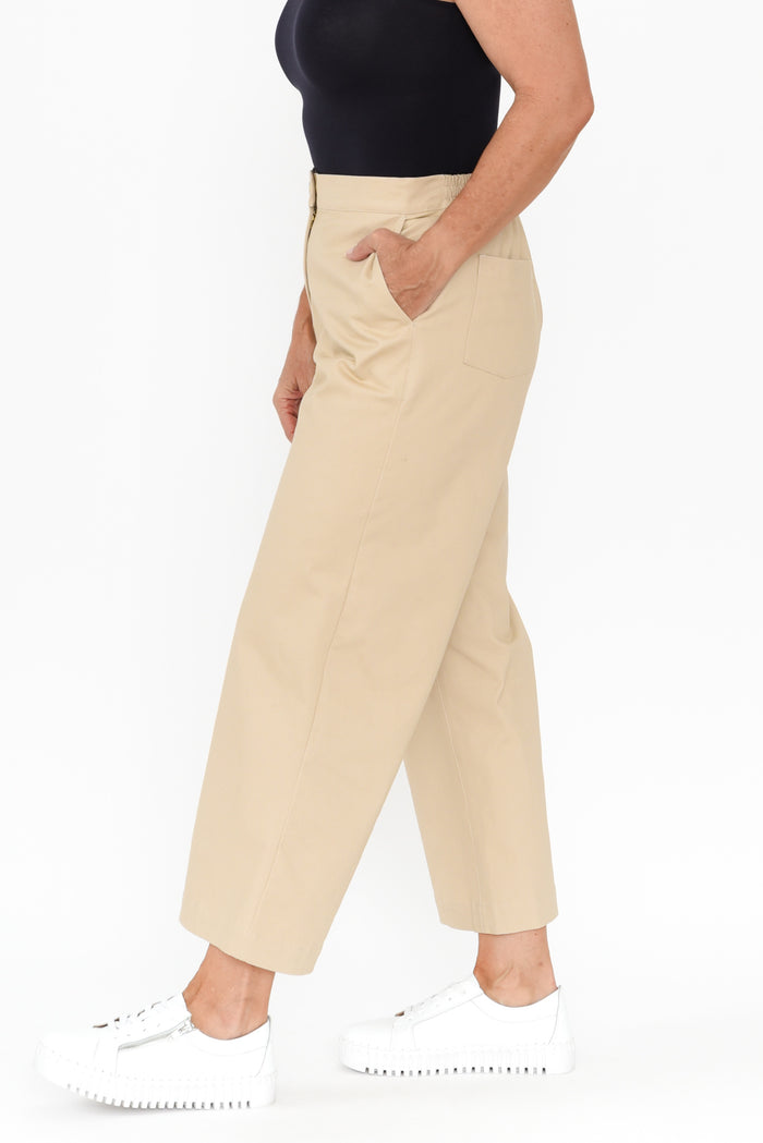 Sinatra Beige Cotton Wide Leg Pants,Brunette model,alt text|model:Danielle
