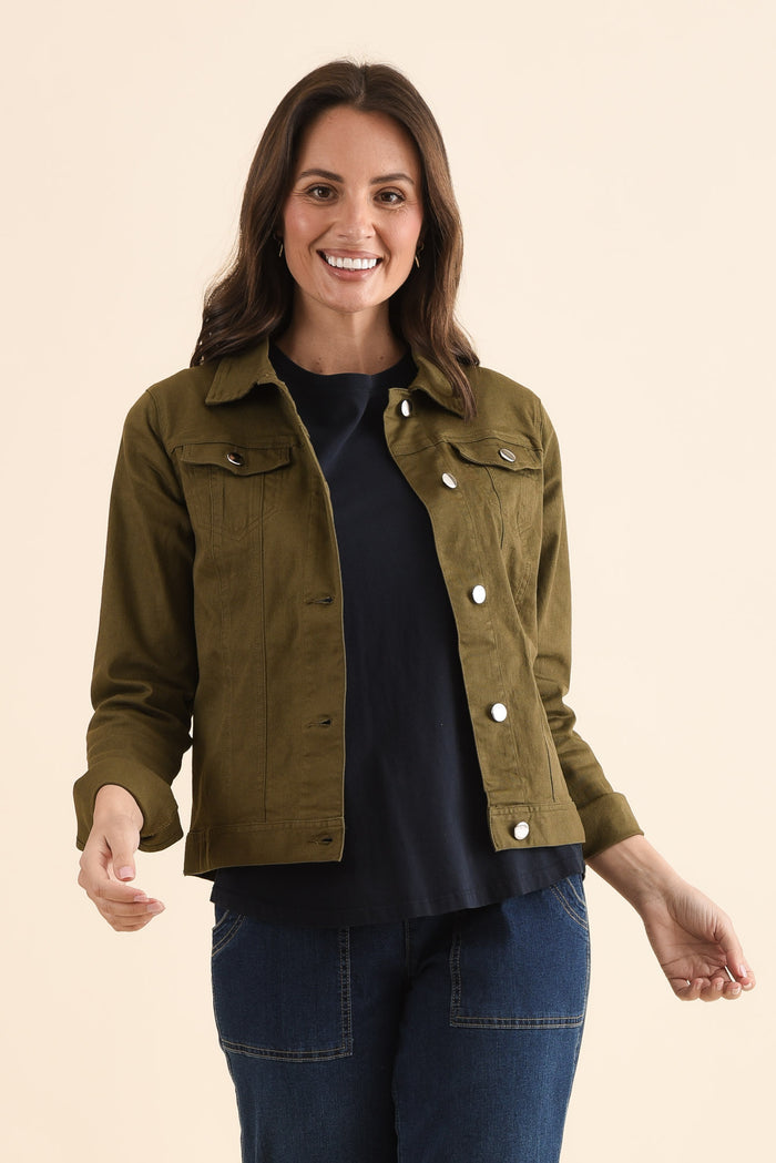 Siobhan Olive Stretch Jacket,Front,Brunette model,alt text|model:MJ