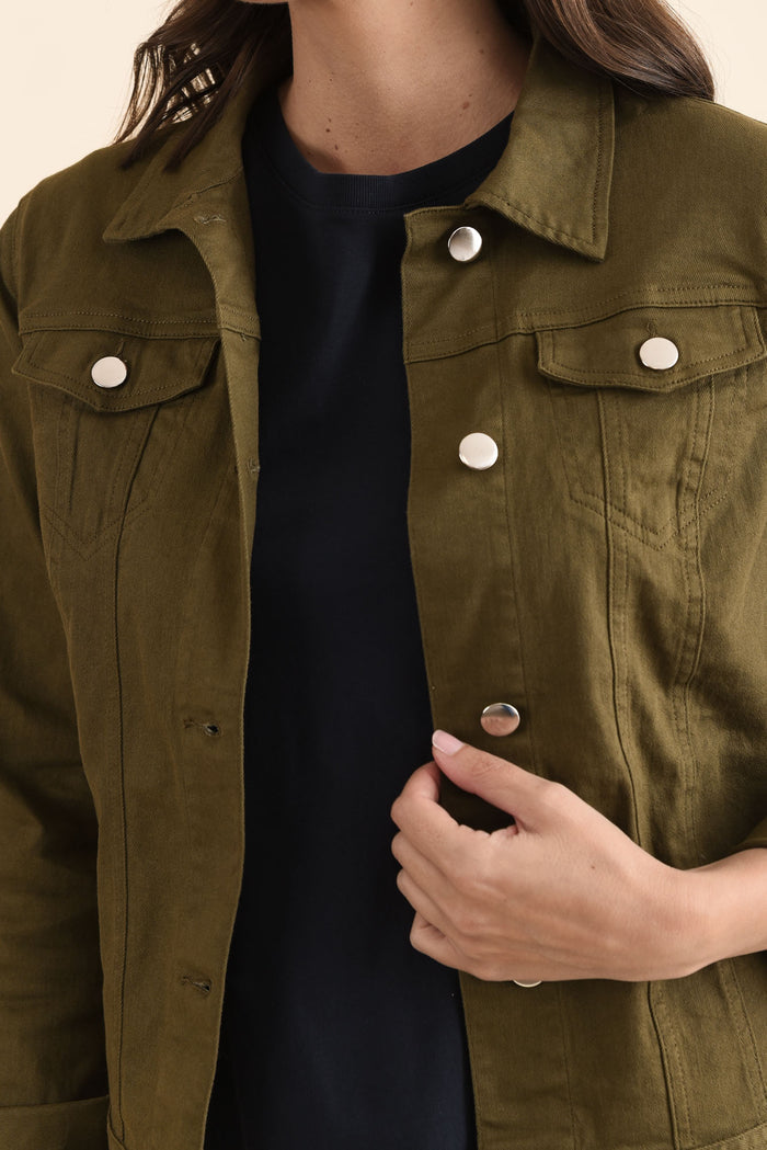 Siobhan Olive Stretch Jacket,Detail,Brunette model,alt text|model:MJ