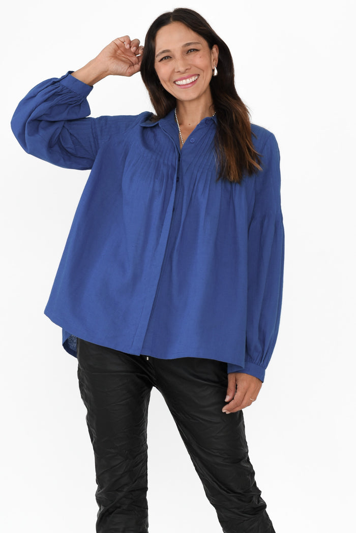 Sky Blue Linen Blend Shirt,Brunette model,alt text|model:Cara
