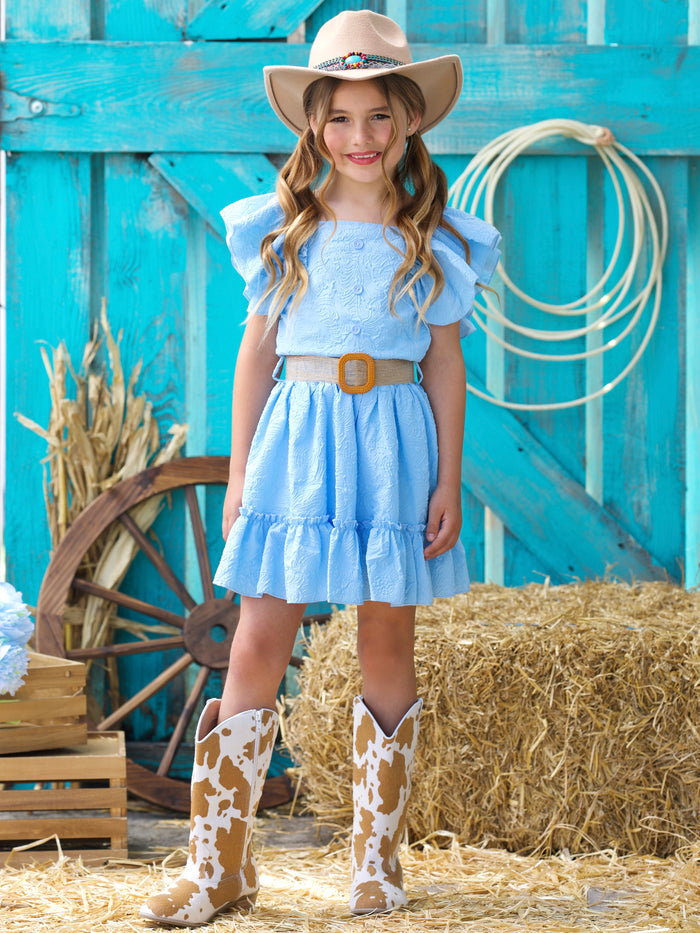 Sky Blue Ruffle Sleeve Belted Skirt Set
