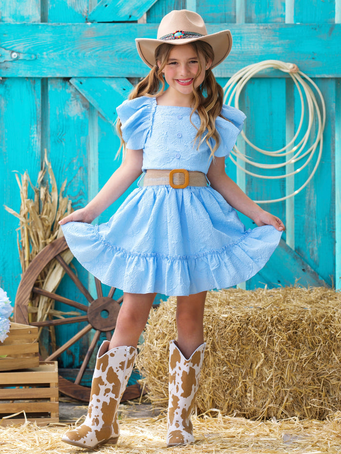 Sky Blue Ruffle Sleeve Belted Skirt Set