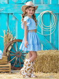 Sky Blue Ruffle Sleeve Belted Skirt Set