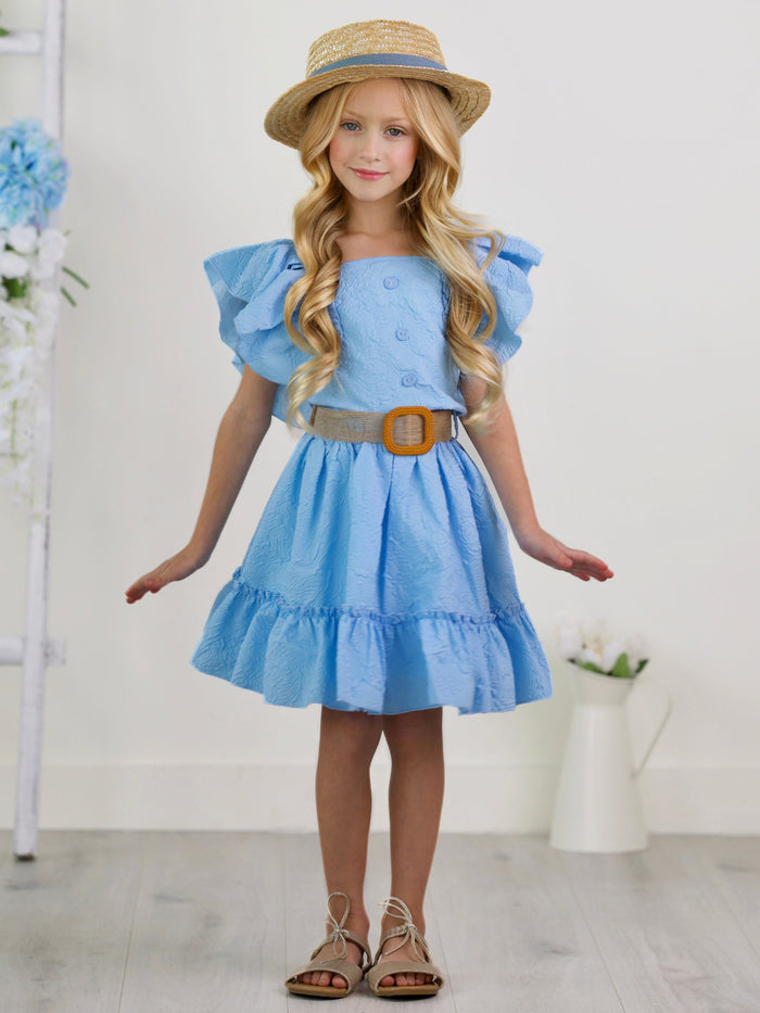 Sky Blue Ruffle Sleeve Belted Skirt Set