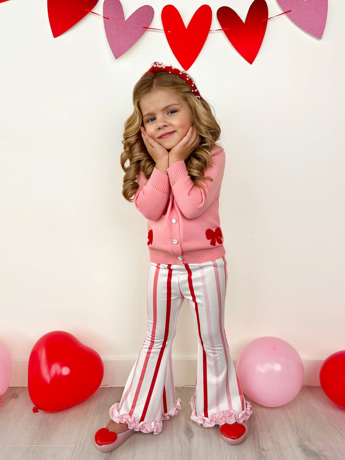 So Girly Embroidered Bow Cardigan and Striped Flare Pant Set