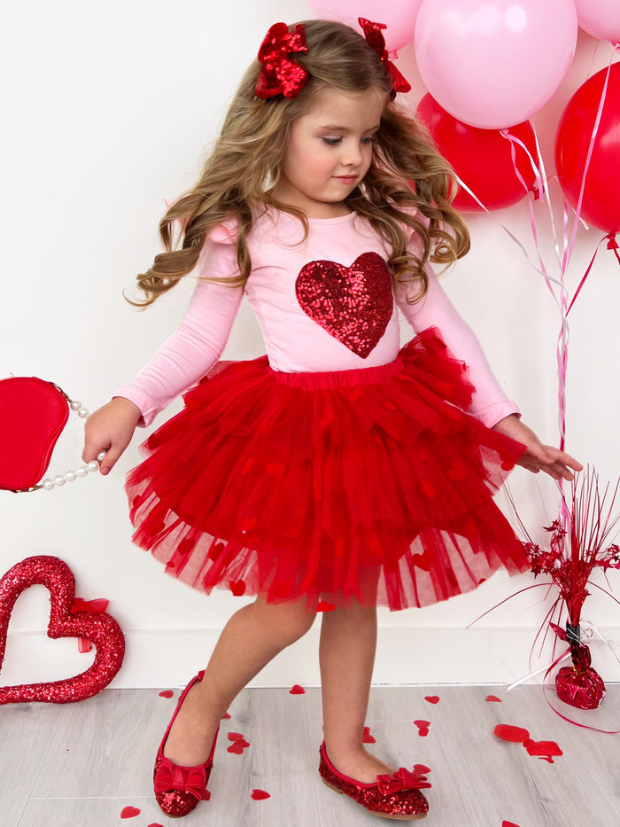 Sparkling Heart Ruffle Shoulder Top and Tiered Skirt Set Mia Belle Girls