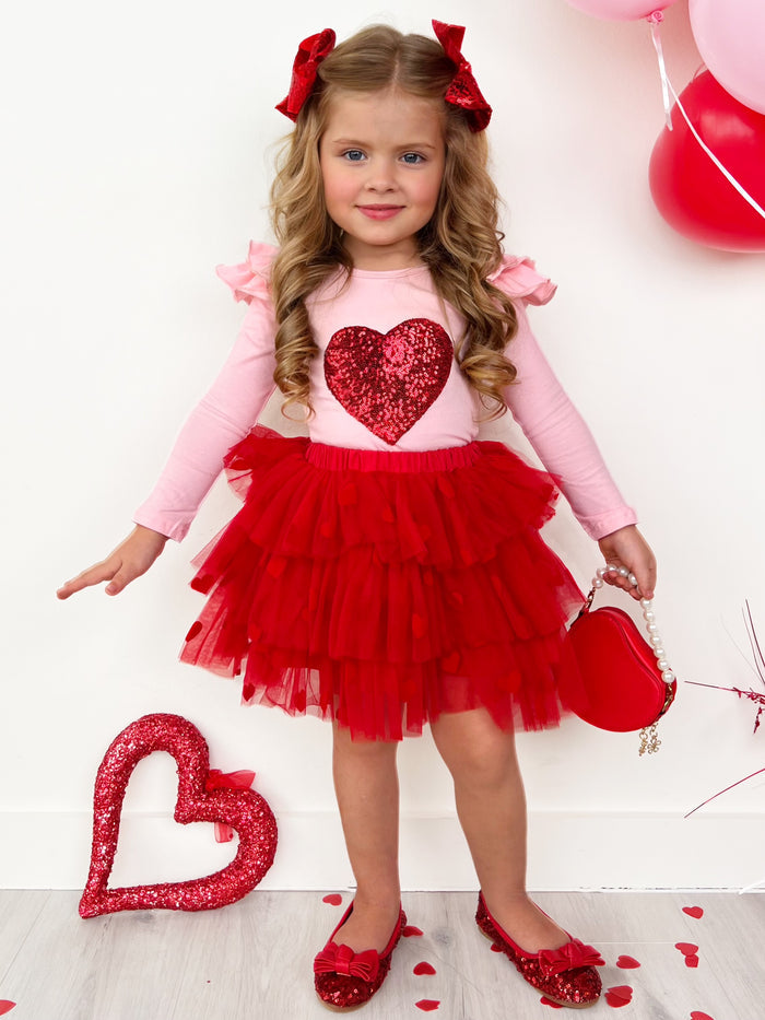 Sparkling Heart Ruffle Shoulder Top and Tiered Skirt Set Mia Belle Girls