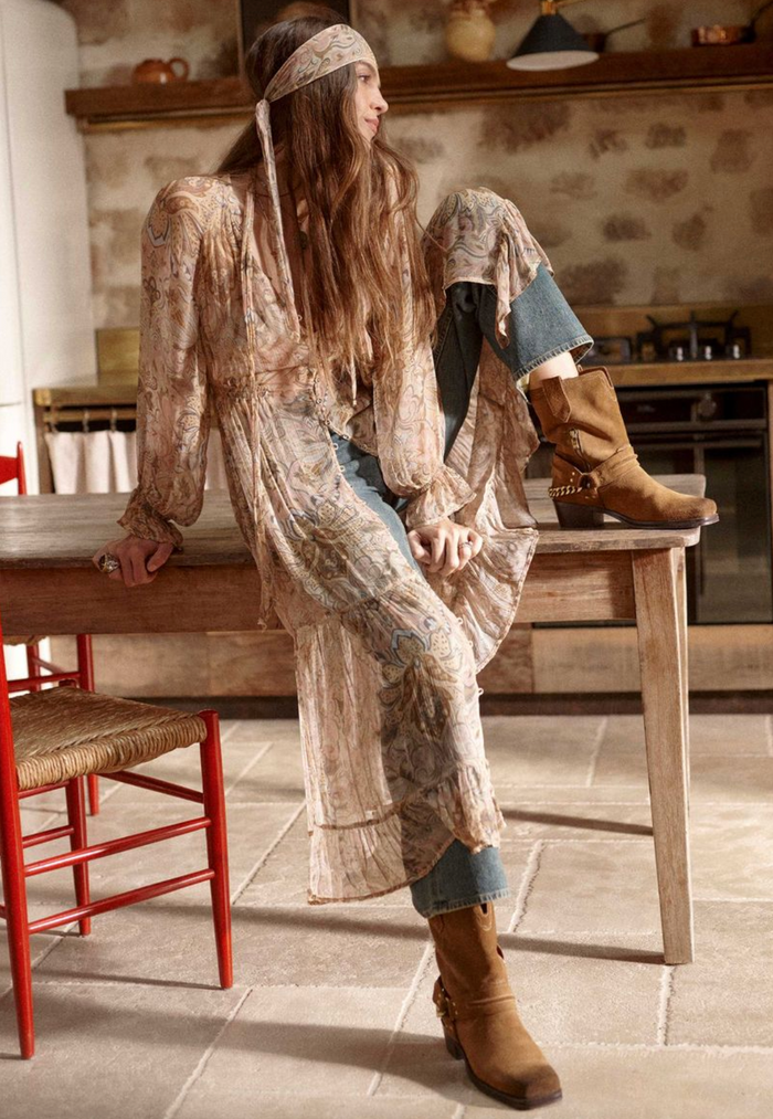 Spell Damask Button Through Gown - Chai Yellow