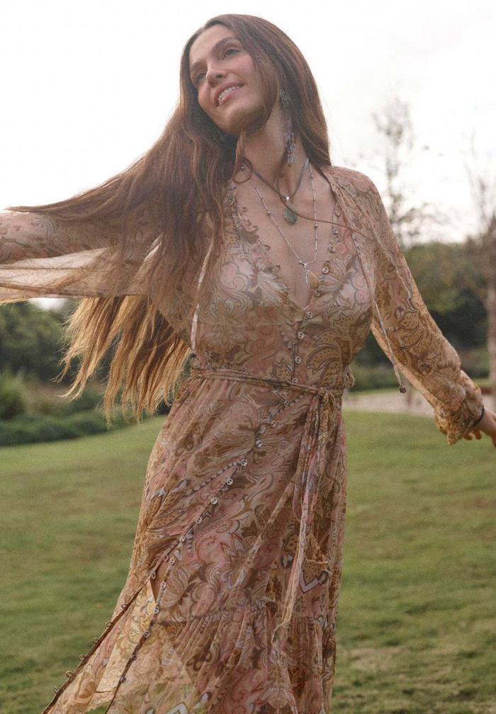 Spell Damask Button Through Gown - Chai Yellow