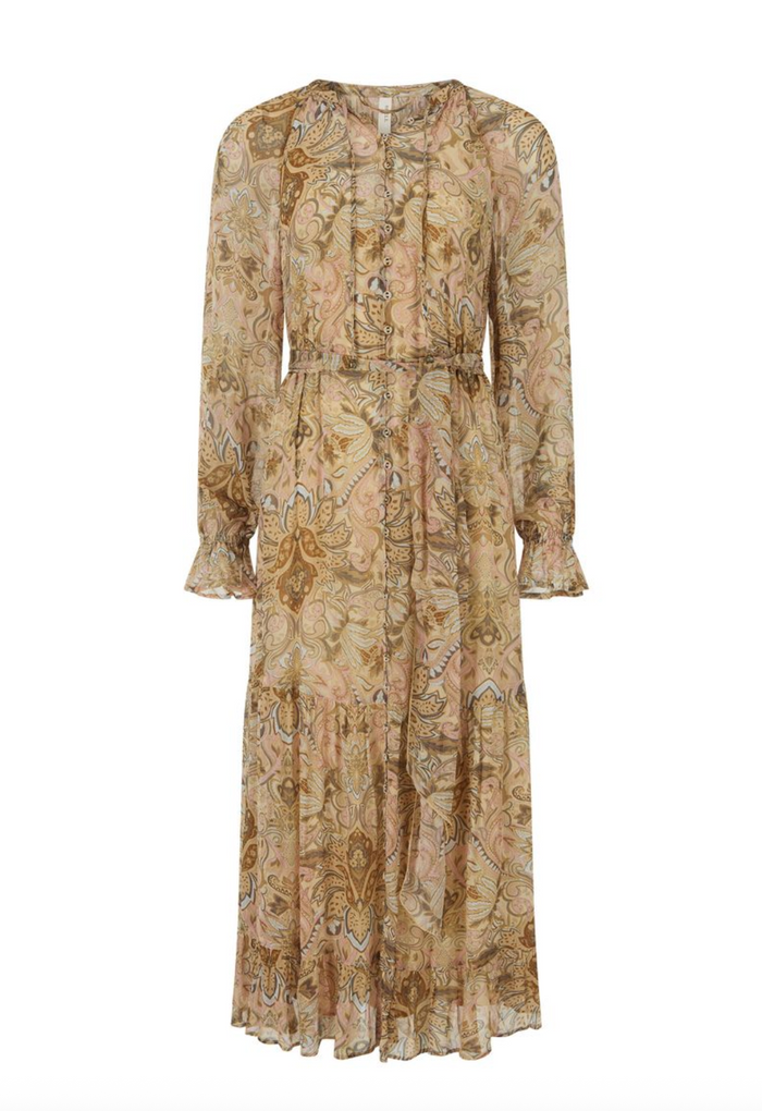 Spell Damask Button Through Gown - Chai Yellow