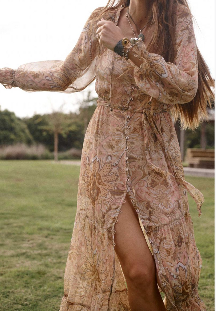 Spell Damask Button Through Gown - Chai Yellow