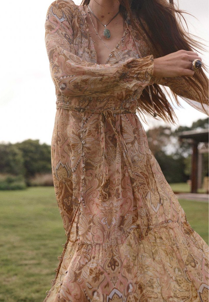 Spell Damask Button Through Gown - Chai Yellow