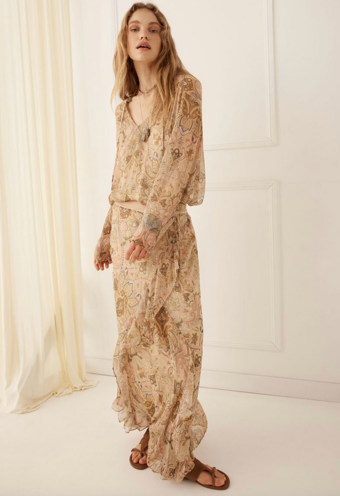 Spell Damask Ruffle Midi Skirt - Chai Yellow