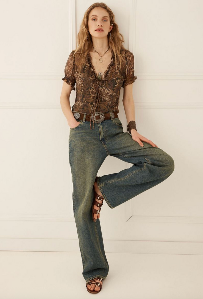Spell Damask Short Sleeve Blouse - Walnut Brown