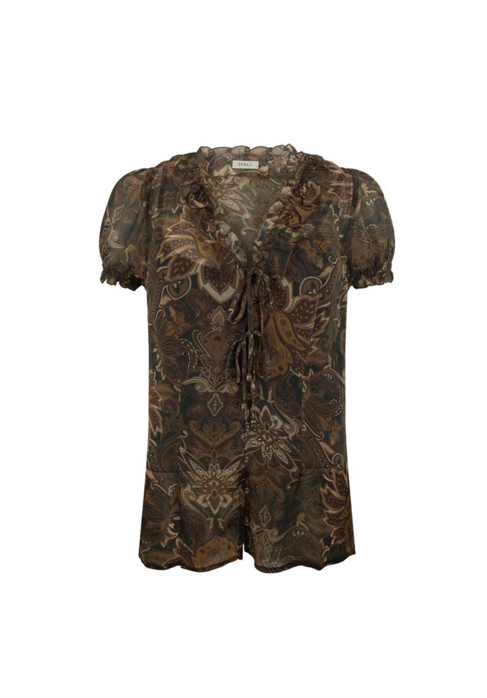 Spell Damask Short Sleeve Blouse - Walnut Brown