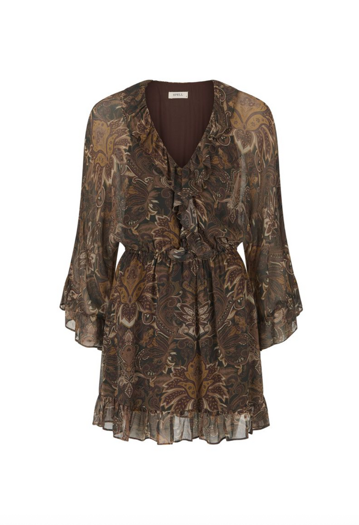 Spell Damask Tunic Mini Dress - Walnut Brown