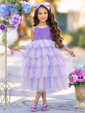 Girls lavender lace dress with pastel rainbow layered tulle skirt and sparkle detail, perfect for Easter, graduation, birthdays, and spring pictures