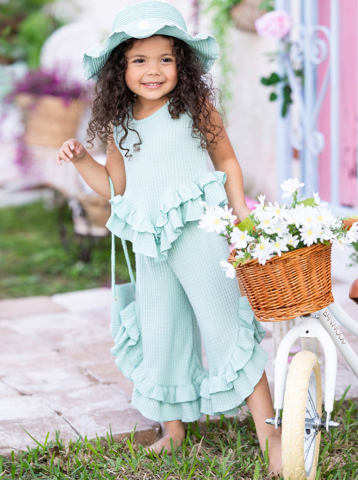 Cute Spring Outfit | Girls Pastel Ruffle Hem Top & Wide Leg Pants Set