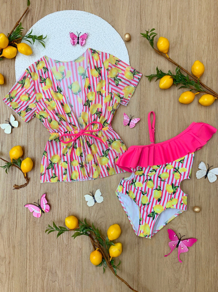 Striped Lemon One Piece Swimsuit And Cover Up | Mia Belle Girls