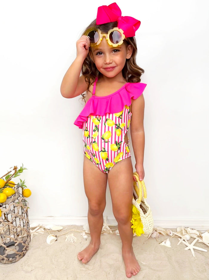 Striped Lemon One Piece Swimsuit And Cover Up | Mia Belle Girls