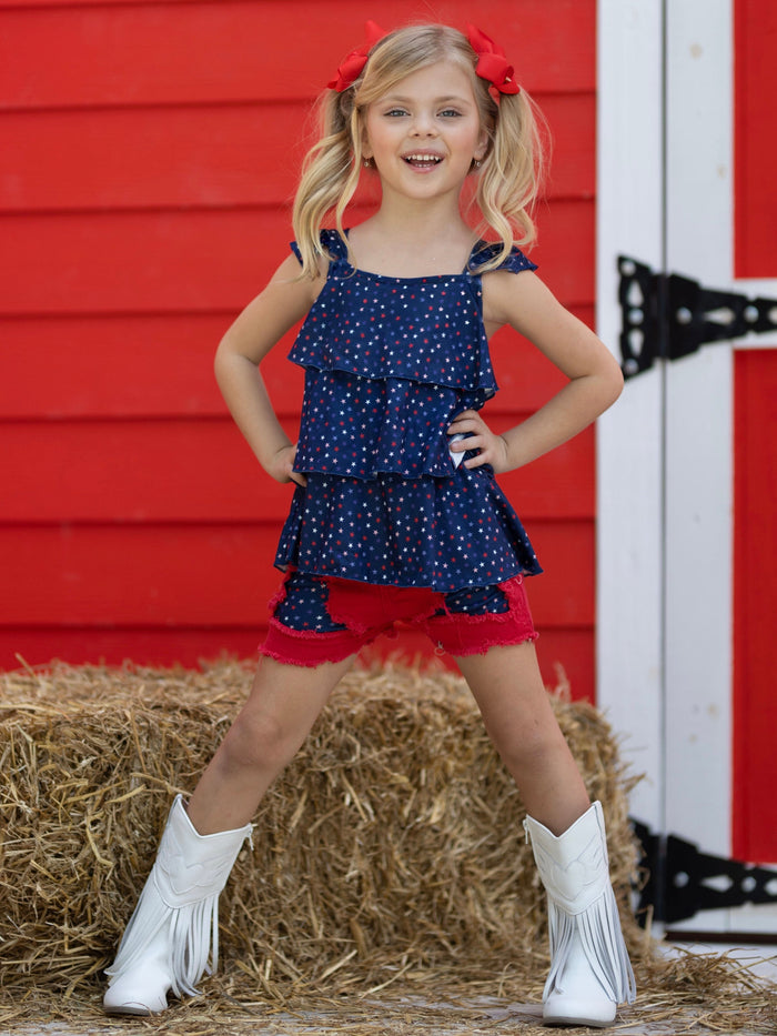Girls Star Tiered Top And Patched Denim Shorts | 4th of July Sets