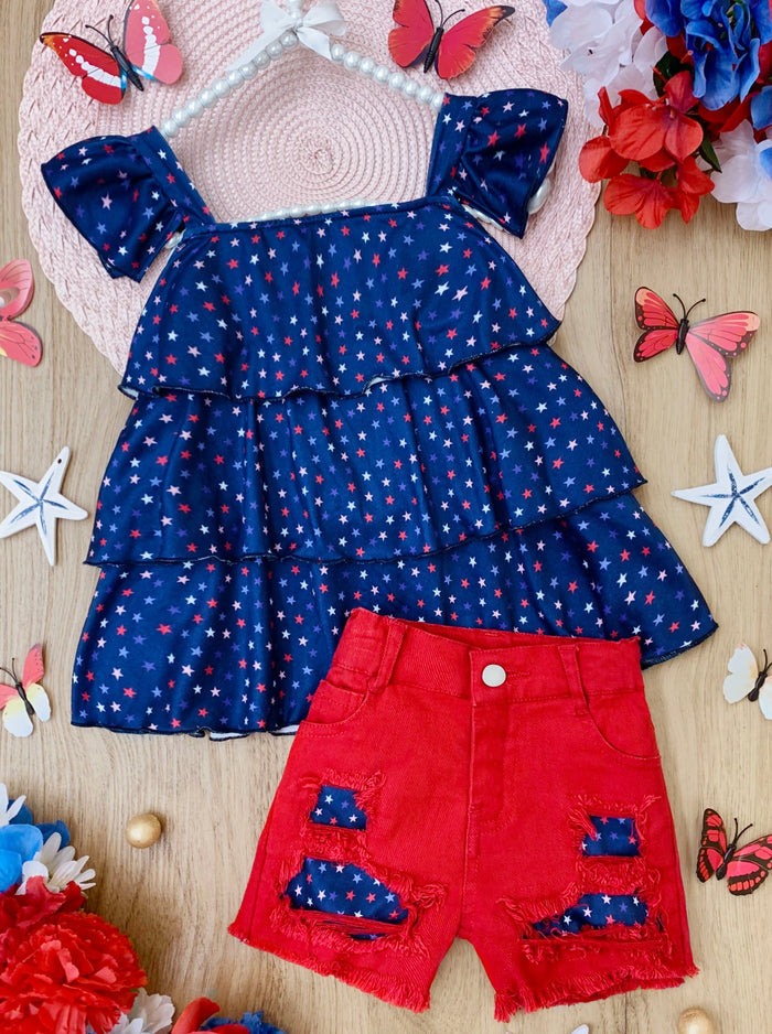 Girls Star Tiered Top And Patched Denim Shorts | 4th of July Sets