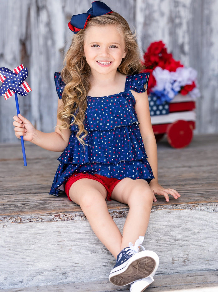 Girls Star Tiered Top And Patched Denim Shorts | 4th of July Sets