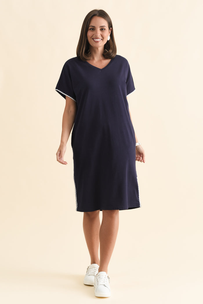 Stellar Navy Contrast Cotton Tee Dress,Brunette model,alt text|model:MJ