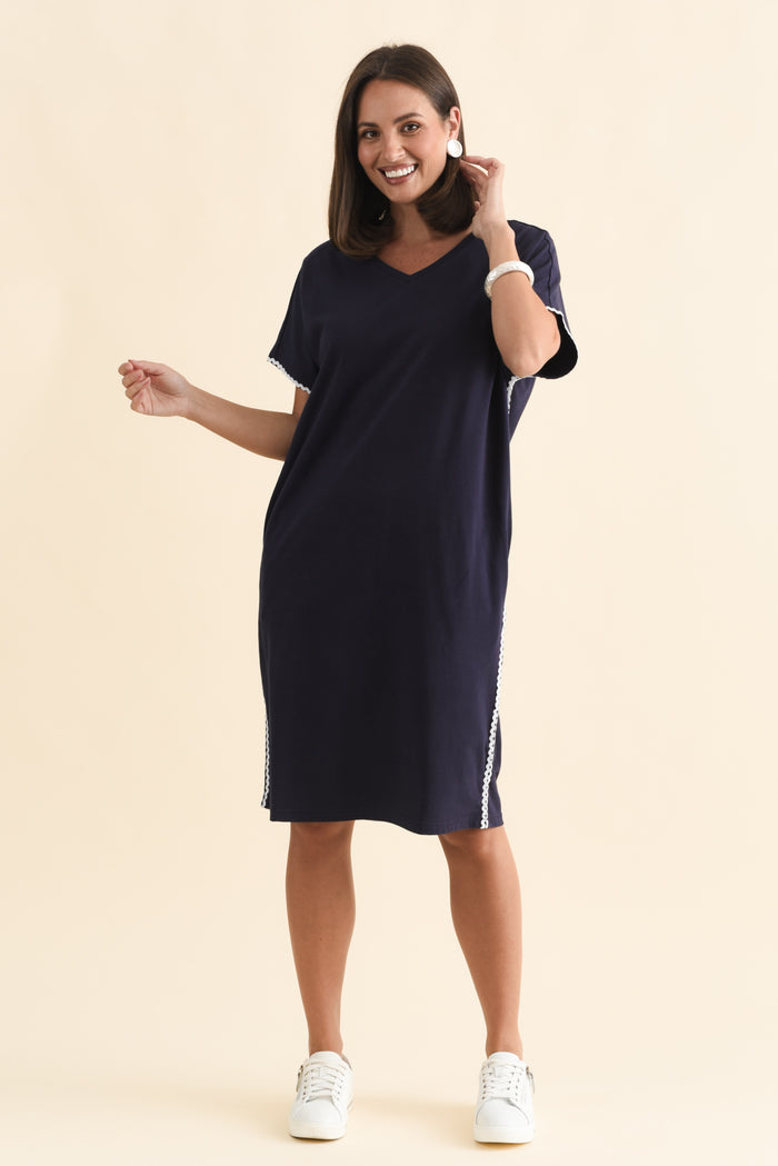 Stellar Navy Contrast Cotton Tee Dress,Brunette model,alt text|model:MJ