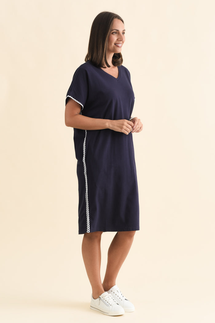 Stellar Navy Contrast Cotton Tee Dress,Brunette model,alt text|model:MJ