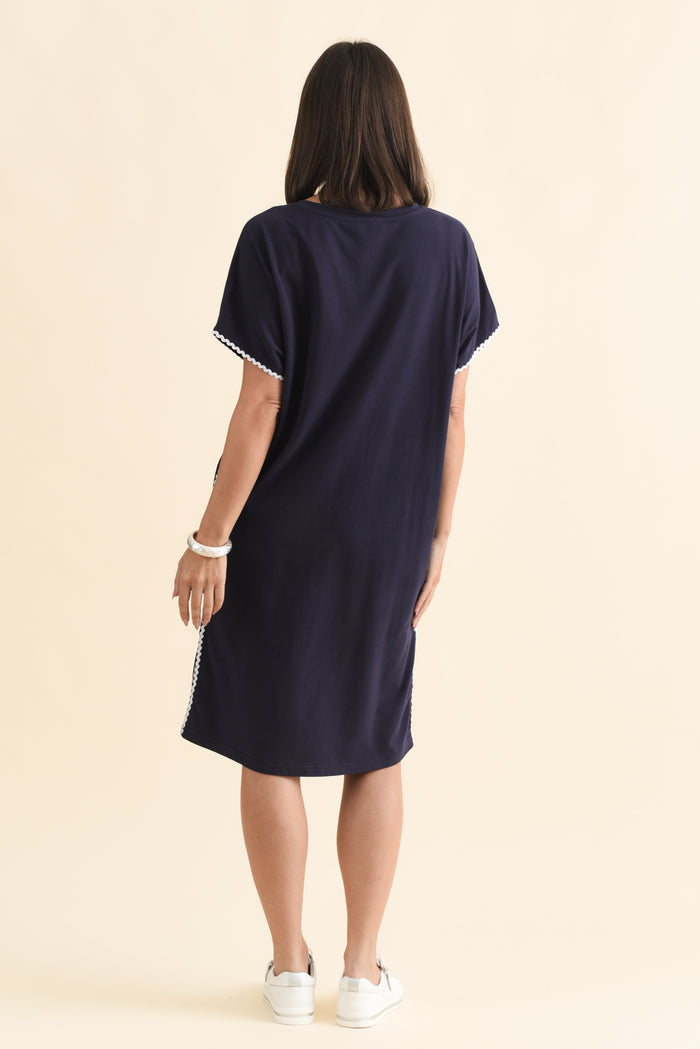 Stellar Navy Contrast Cotton Tee Dress,Brunette model,alt text|model:MJ