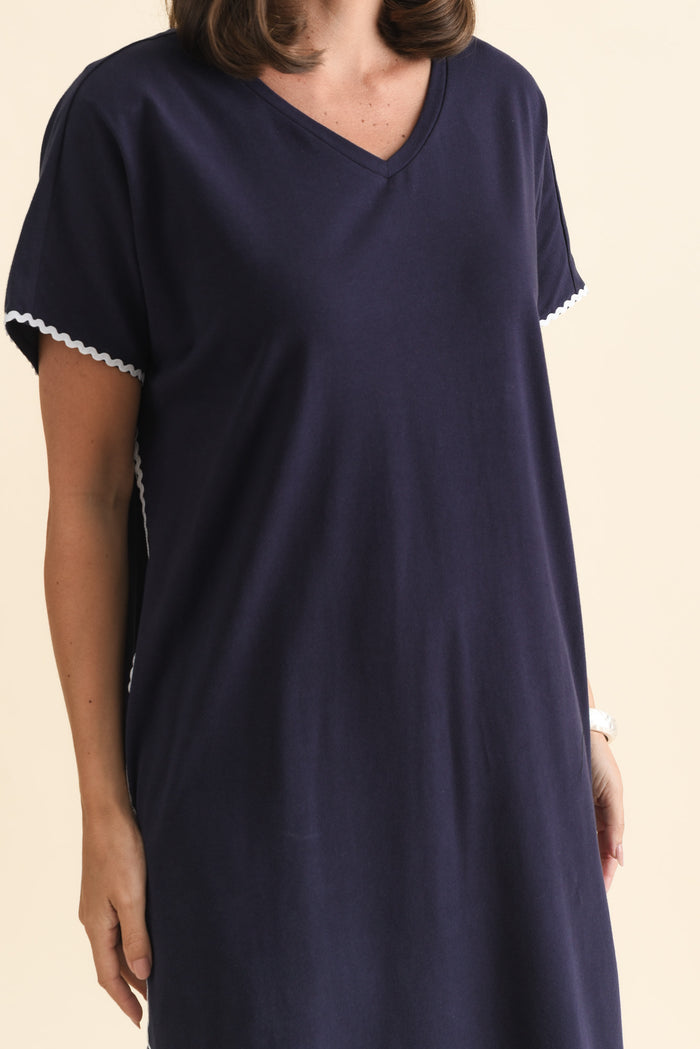 Stellar Navy Contrast Cotton Tee Dress,Brunette model,alt text|model:MJ