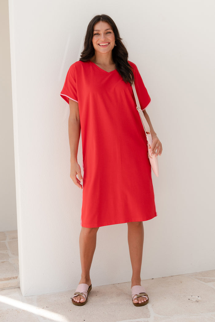 Stellar Red Contrast Cotton Tee Dress,Lifestyle