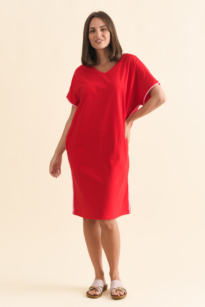 Stellar Red Contrast Cotton Tee Dress,Brunette model,alt text|model:MJ