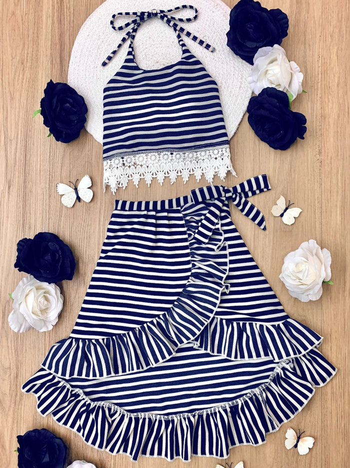 Striped Navy Faux Wrap Hi-Lo Skirt Set Mia Belle Girls