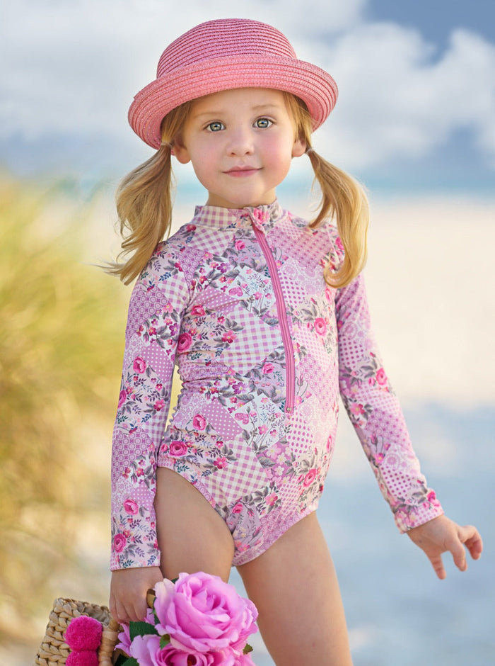Girls Pink Patchwork One Piece Swimsuit | Mia Belle Girls Swimwear