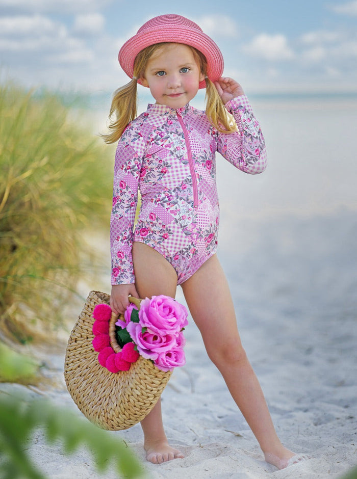 Girls Pink Patchwork One Piece Swimsuit | Mia Belle Girls Swimwear