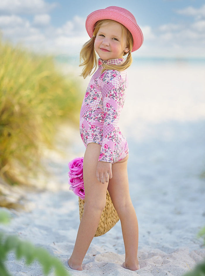 Girls Pink Patchwork One Piece Swimsuit | Mia Belle Girls Swimwear